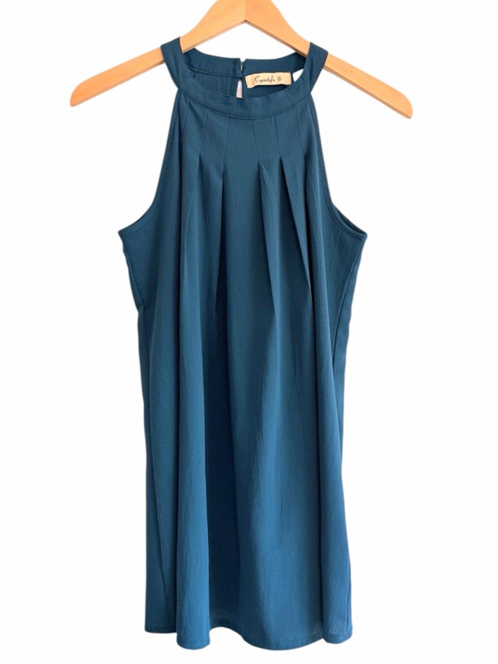 Cyanstyle Cerulean Blue Reverse Pleat Sleeveless Halter Blouse Women’s Size Smal